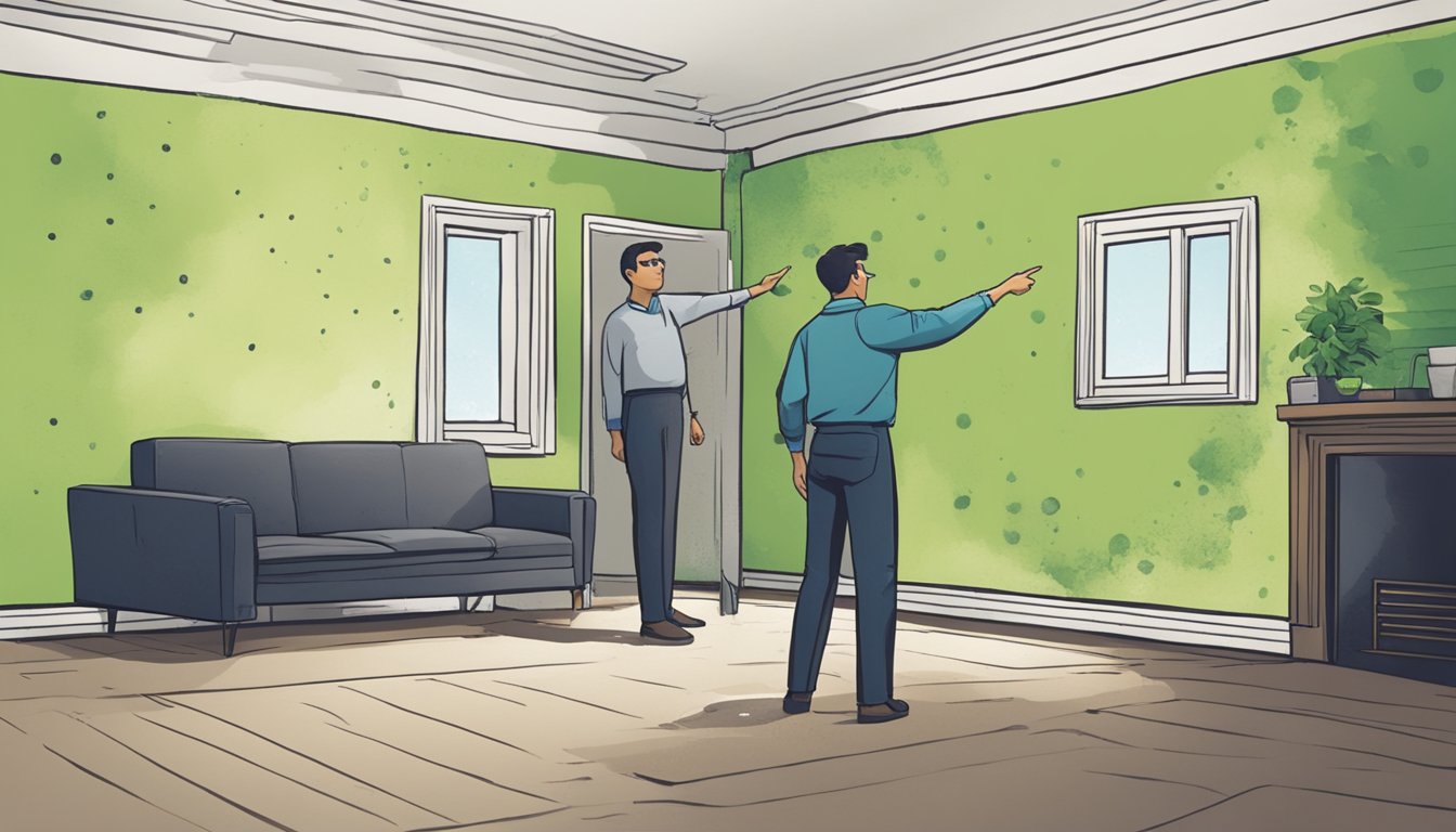 A dark, damp room with visible mold growth on the walls and ceiling. A tenant is seen pointing to the mold while the landlord looks on, appearing dismissive