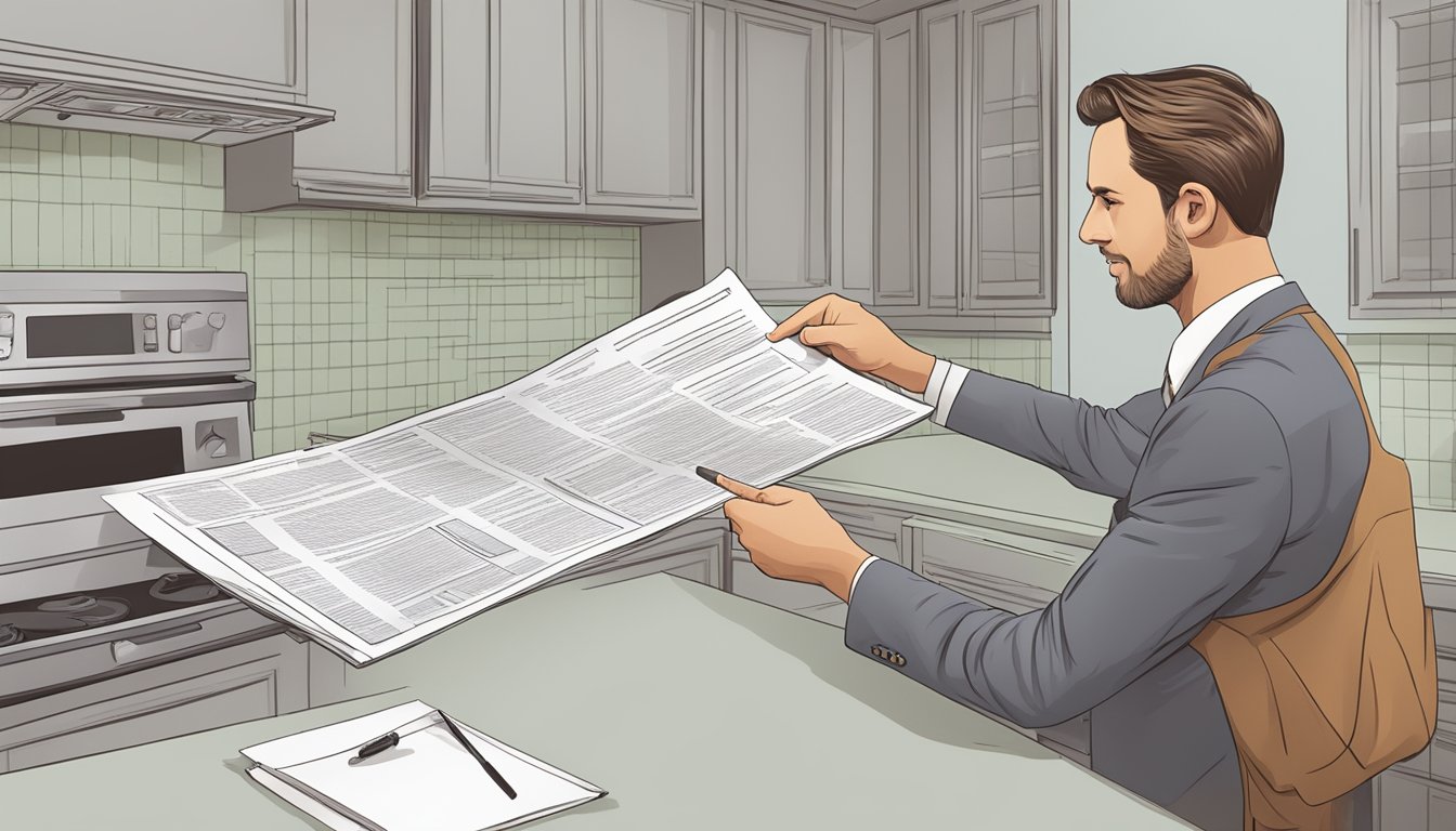 A landlord reviewing a lease agreement with a tenant, pointing to a clause about mold liability