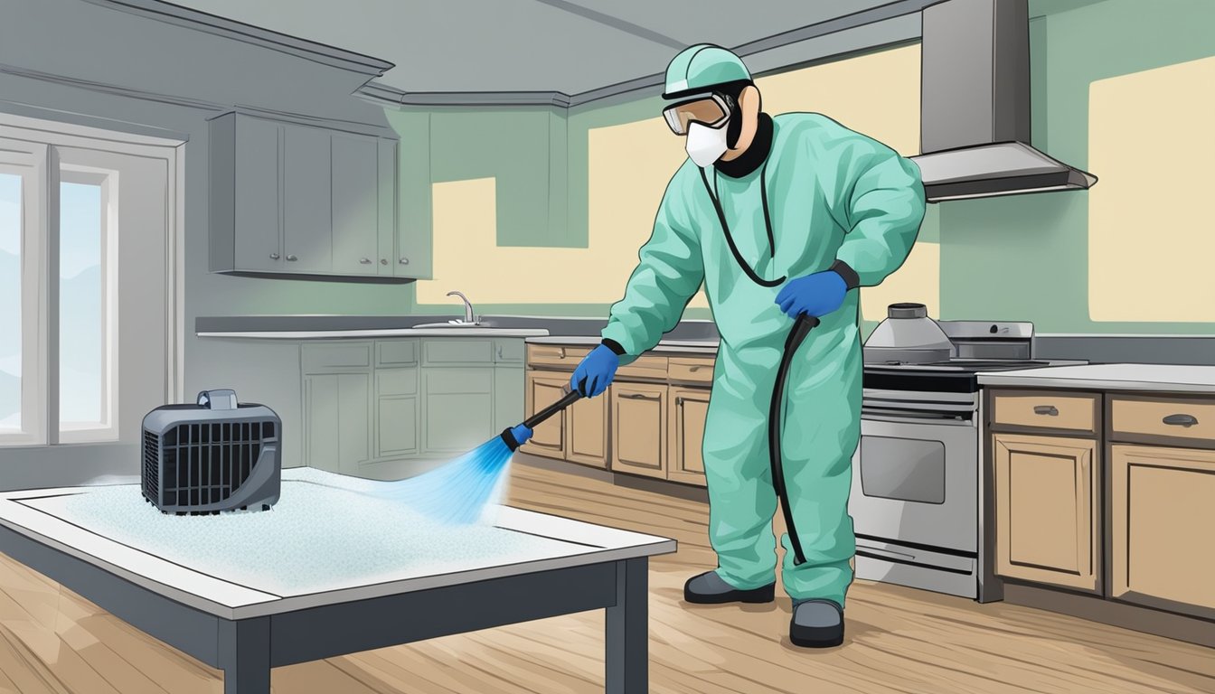 A technician wearing protective gear sprays and cleans mold-infested surfaces in a residential property. Equipment like dehumidifiers and air scrubbers are set up to remove mold spores from the air