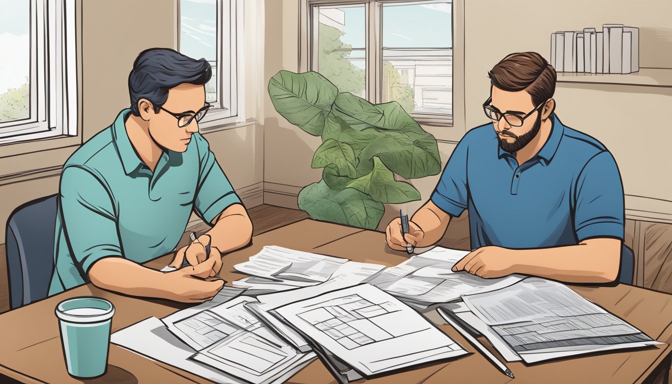 A landlord and tenant discuss financial responsibility for mold removal in a rental property. Legal documents and financial records are spread out on a table