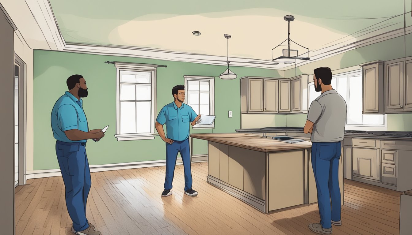 A rental property with visible mold growth in the walls and ceilings, while an insurance adjuster and a landlord discuss financial responsibilities for mold removal
