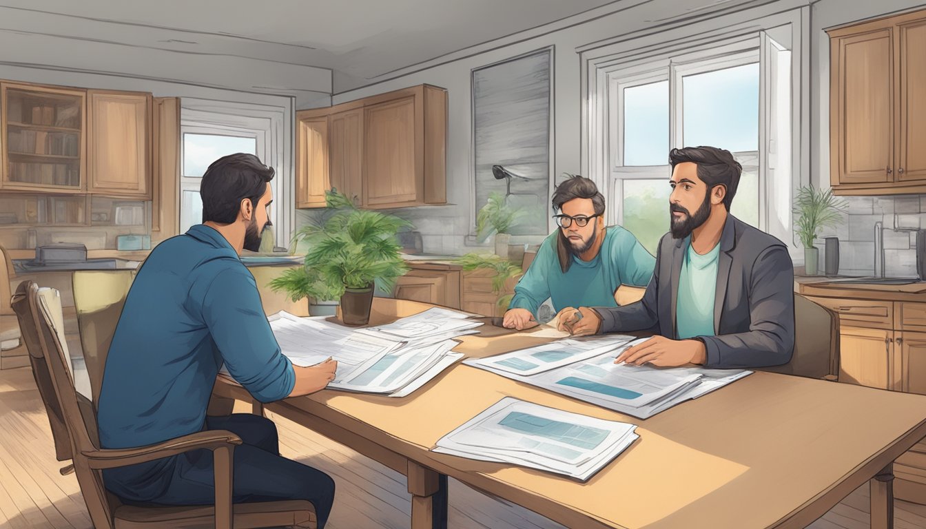 A rental property with visible mold, a landlord and tenant discussing payment for removal, legal documents and financial records on a table
