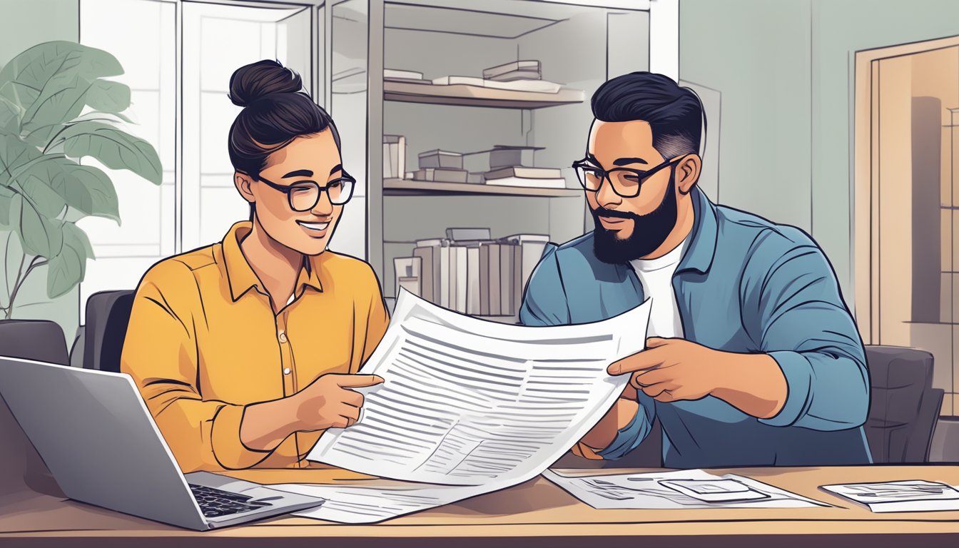 A landlord and a renter review a legal document together, pointing to specific clauses and discussing responsibilities