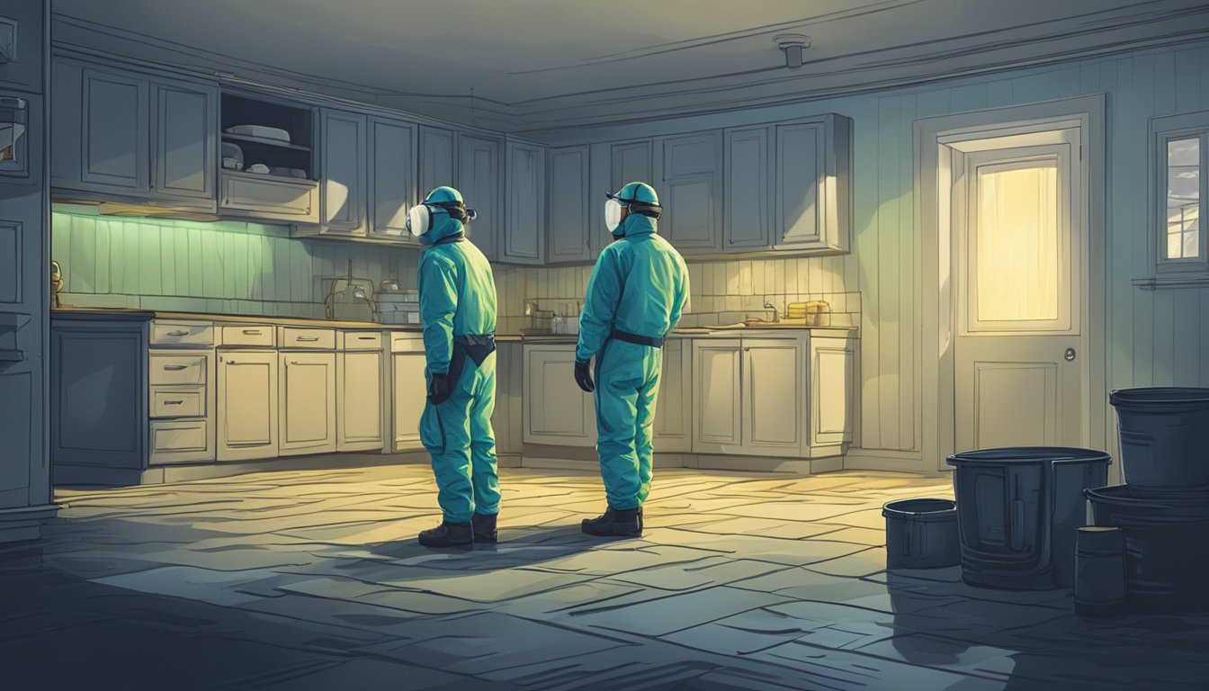 A mold inspector examines a damp, dark room. They wear protective gear and carry tools for testing and remediation. The landlord and renter observe from a safe distance