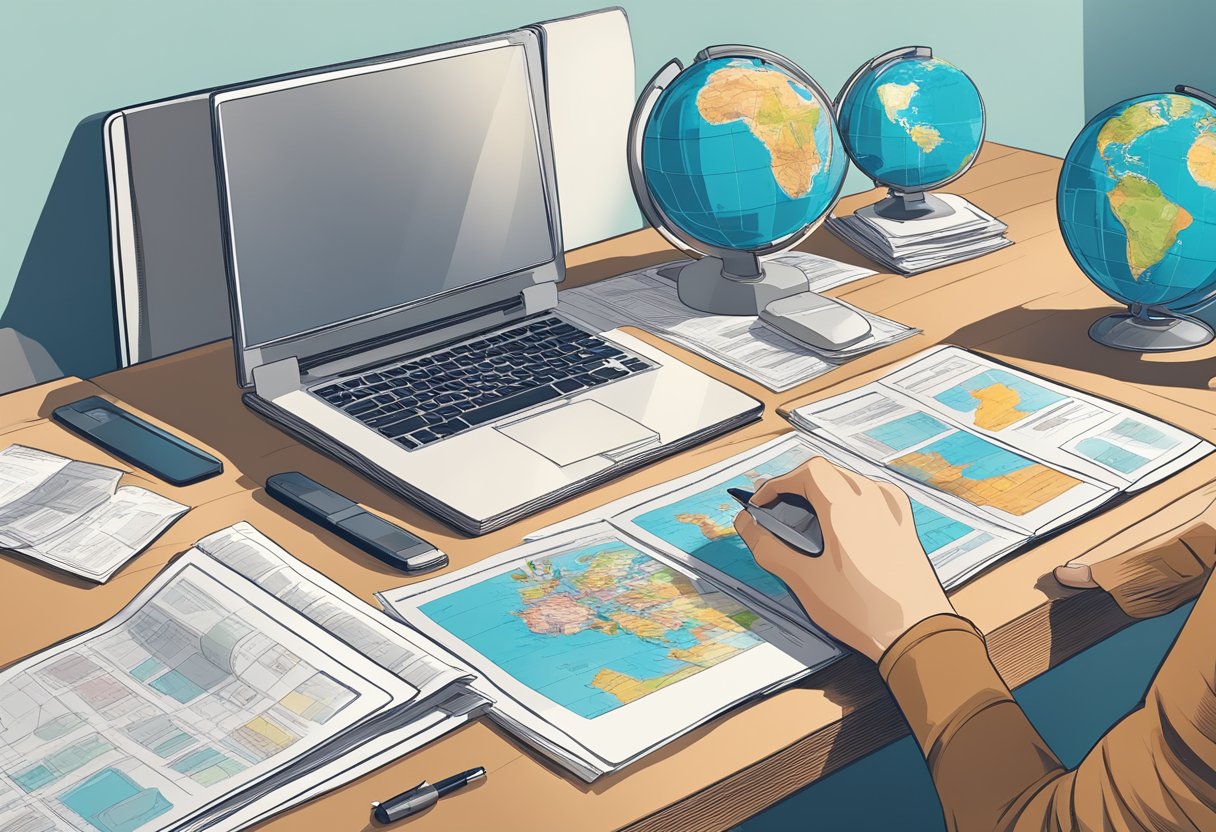 A desk with a computer, phone, and travel brochures. A person's hand holding a pen filling out paperwork. A globe and world map on the wall