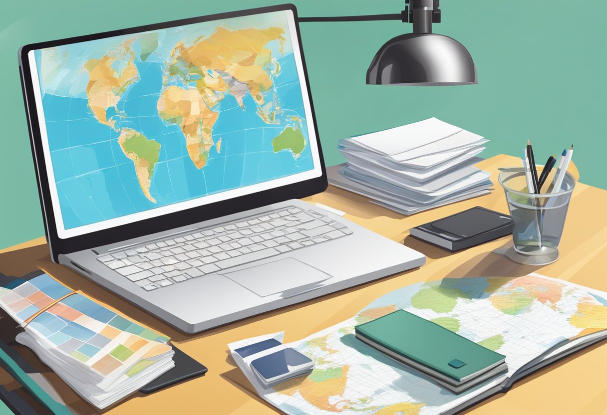 A desk with a computer, travel brochures, and a world map. A person researching online and taking notes