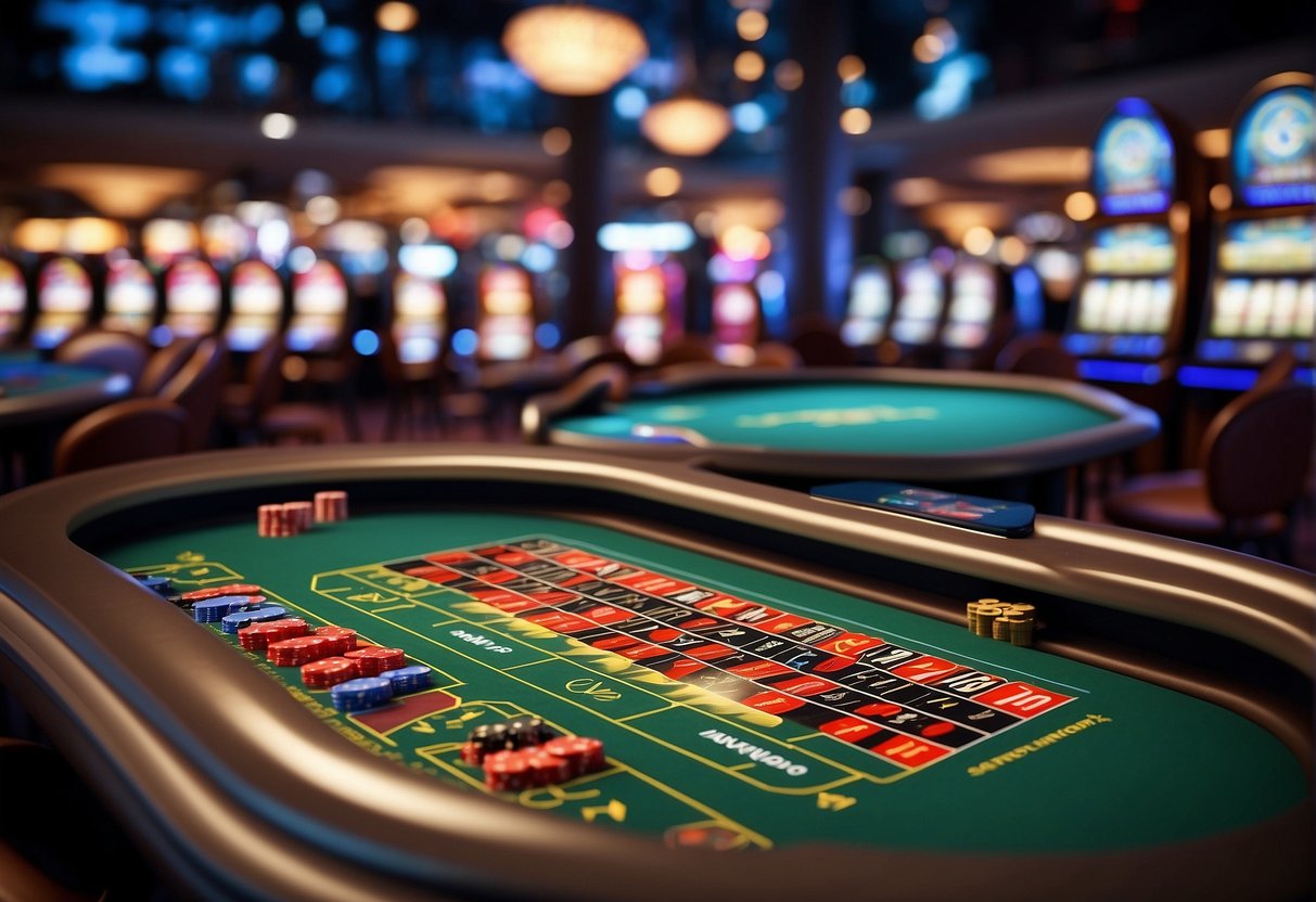 A virtual casino table with minimal house edge, surrounded by digital slot machines and a sleek, modern interface