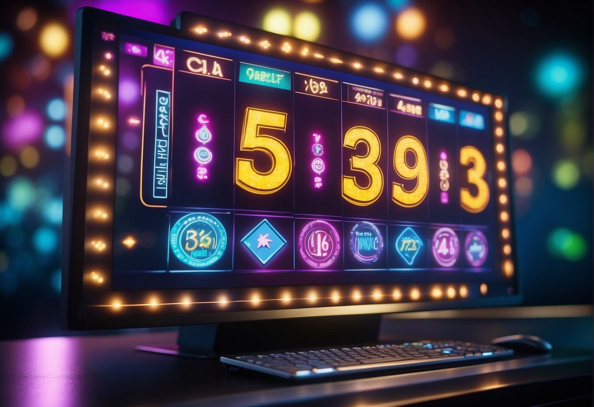 A computer screen showing a row of winning slot symbols with a jackpot payout displayed. Bright lights and celebratory animations