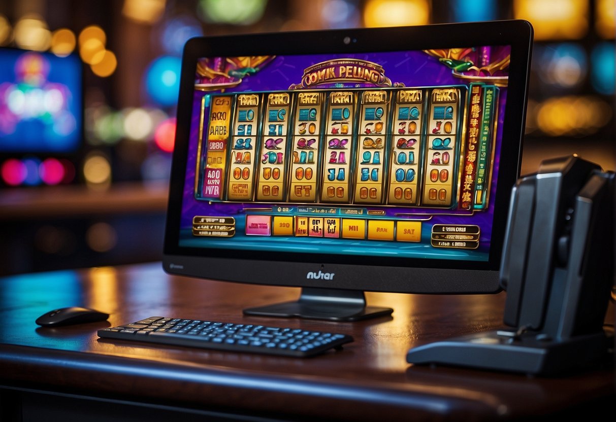 A computer screen displaying a colorful online slot game with winning combinations and a "jackpot" message