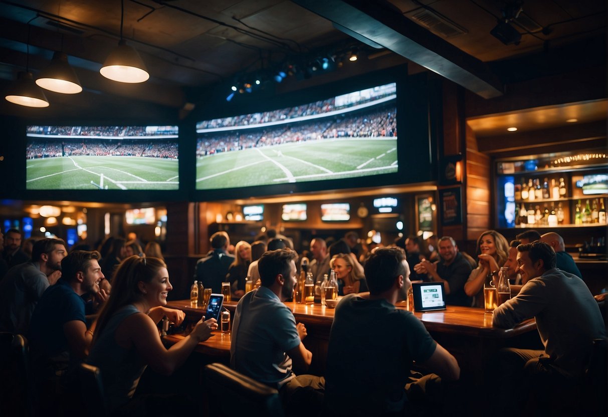 A bustling sports bar in London with multiple big screens, lively atmosphere, and patrons cheering for their favorite teams
