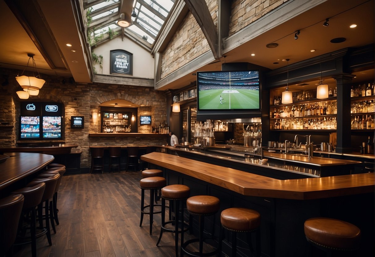A lively sports bar in Bath with multiple big screens, cheering fans, and a well-stocked bar