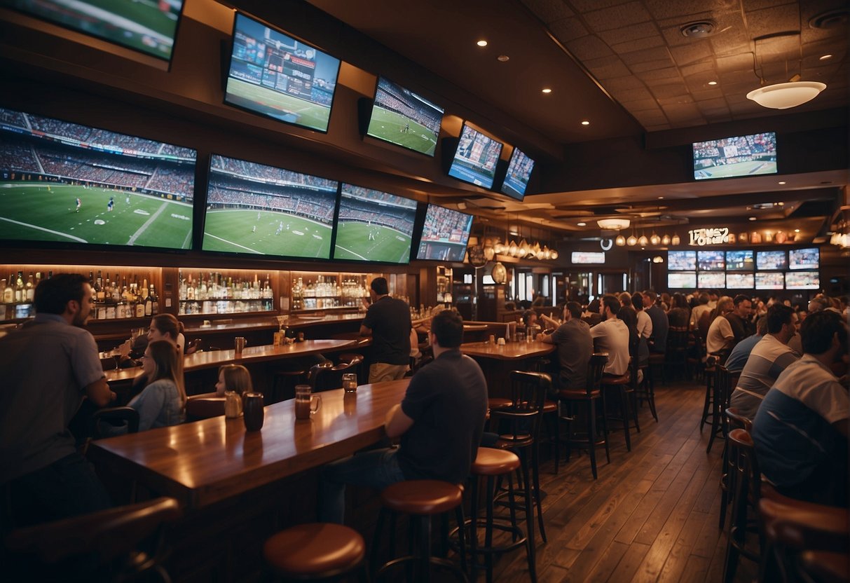 A bustling sports bar with multiple big screens showing live games, surrounded by enthusiastic fans cheering and enjoying drinks and snacks
