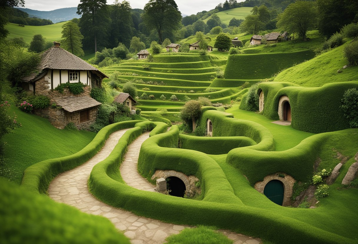 Lush green hills roll into the distance, dotted with cozy hobbit holes nestled into the earth. A winding path leads to a charming village, complete with colorful gardens and quaint bridges