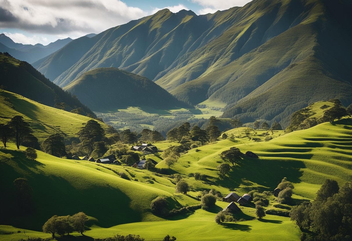 Lush green hills and rugged mountains stretch across the landscape, dotted with quaint hobbit holes and majestic elven forests. A sense of adventure and magic fills the air as you journey through the stunning scenery of New Zealand