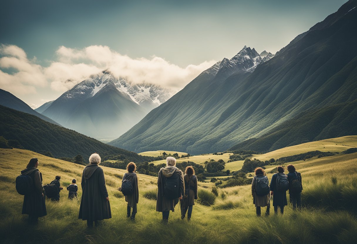 A group of fans gather in New Zealand, surrounded by lush green landscapes and towering mountains, as they embark on a tour inspired by the epic journey of Frodo and the Fellowship in the Lord of the Rings trilogy