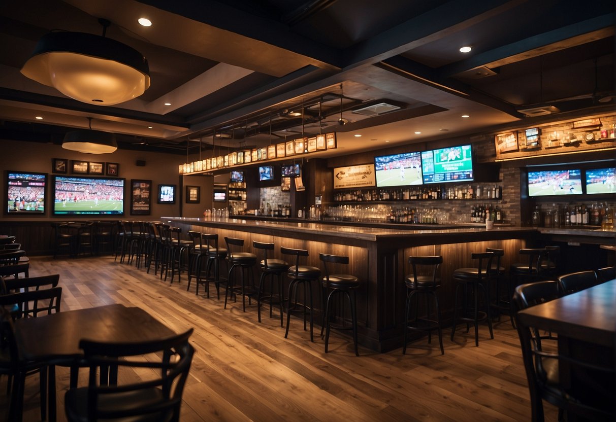 A bustling sports bar in York, filled with cheering fans, big screen TVs, and a lively atmosphere. Tables are adorned with beer and snacks, and the walls are lined with sports memorabilia