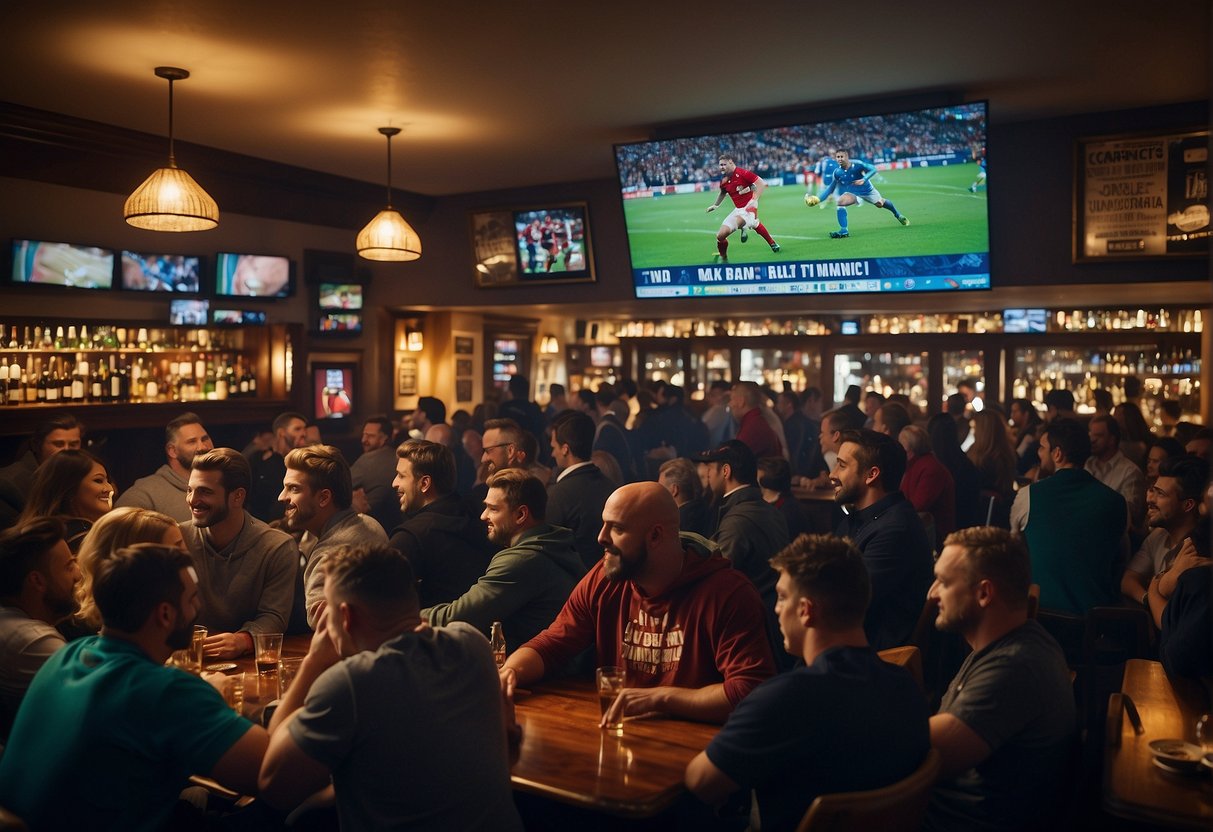 A crowded sports bar in Cardiff with rugby memorabilia on the walls, multiple TV screens showing live matches, and fans cheering and wearing team colors