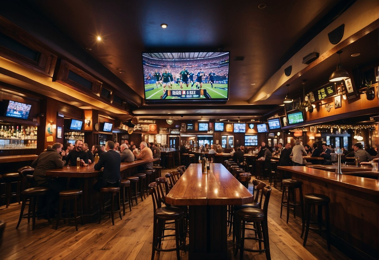 A bustling sports bar in Dublin, filled with cheering fans, large TV screens, and a lively atmosphere. Tables are adorned with pints of beer and plates of pub food, while the sound of clinking glasses and excited shouts fills the air