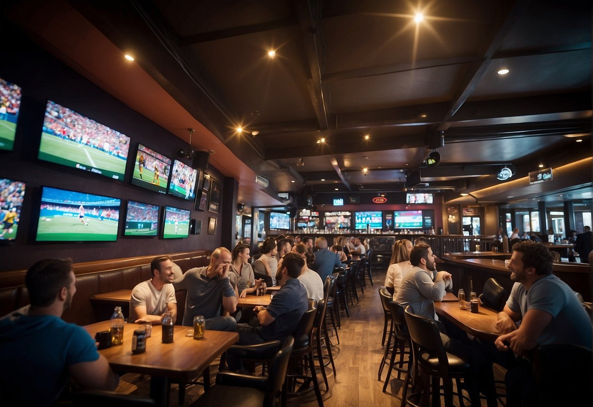 A bustling sports bar in Cork with large TVs, cheering fans, and a lively atmosphere. Tables are filled with drinks and snacks as patrons watch various sports games