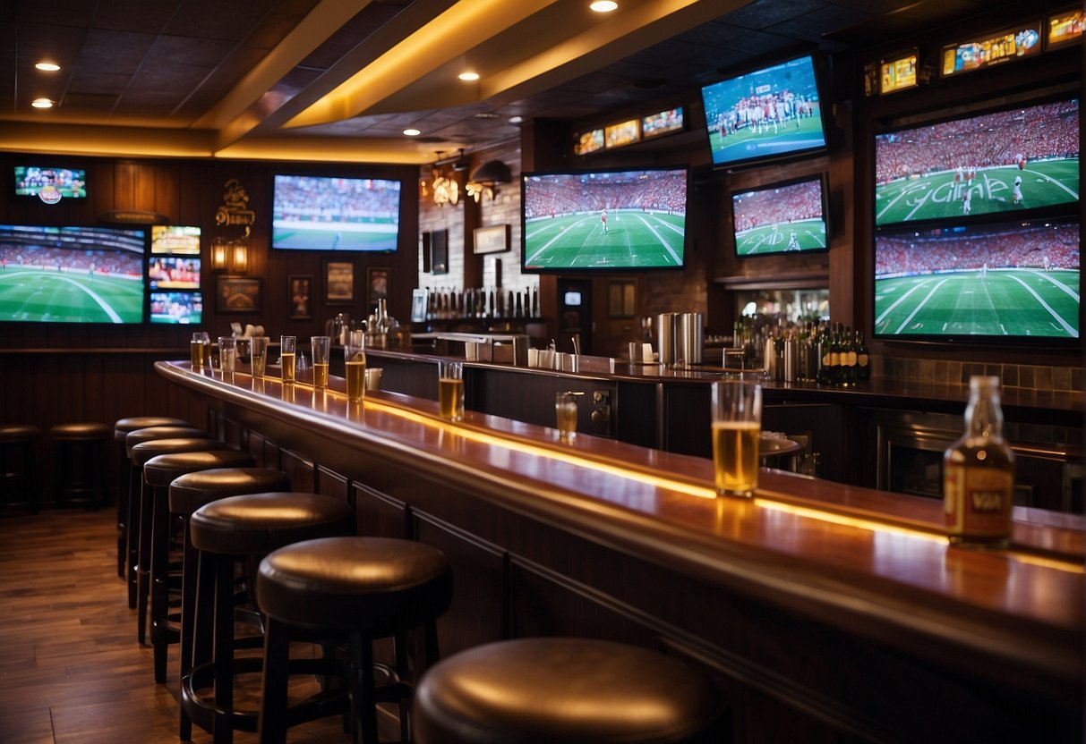 A lively sports bar with multiple TV screens showing various games, a long bar with a wide selection of drinks, and comfortable seating for patrons to enjoy the action