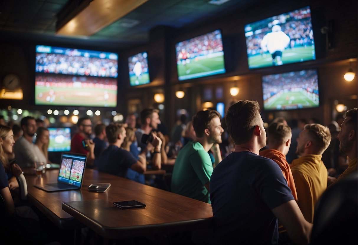 A crowded sports bar in Belfast with multiple TV screens showing different sports games, enthusiastic fans cheering, and a lively atmosphere