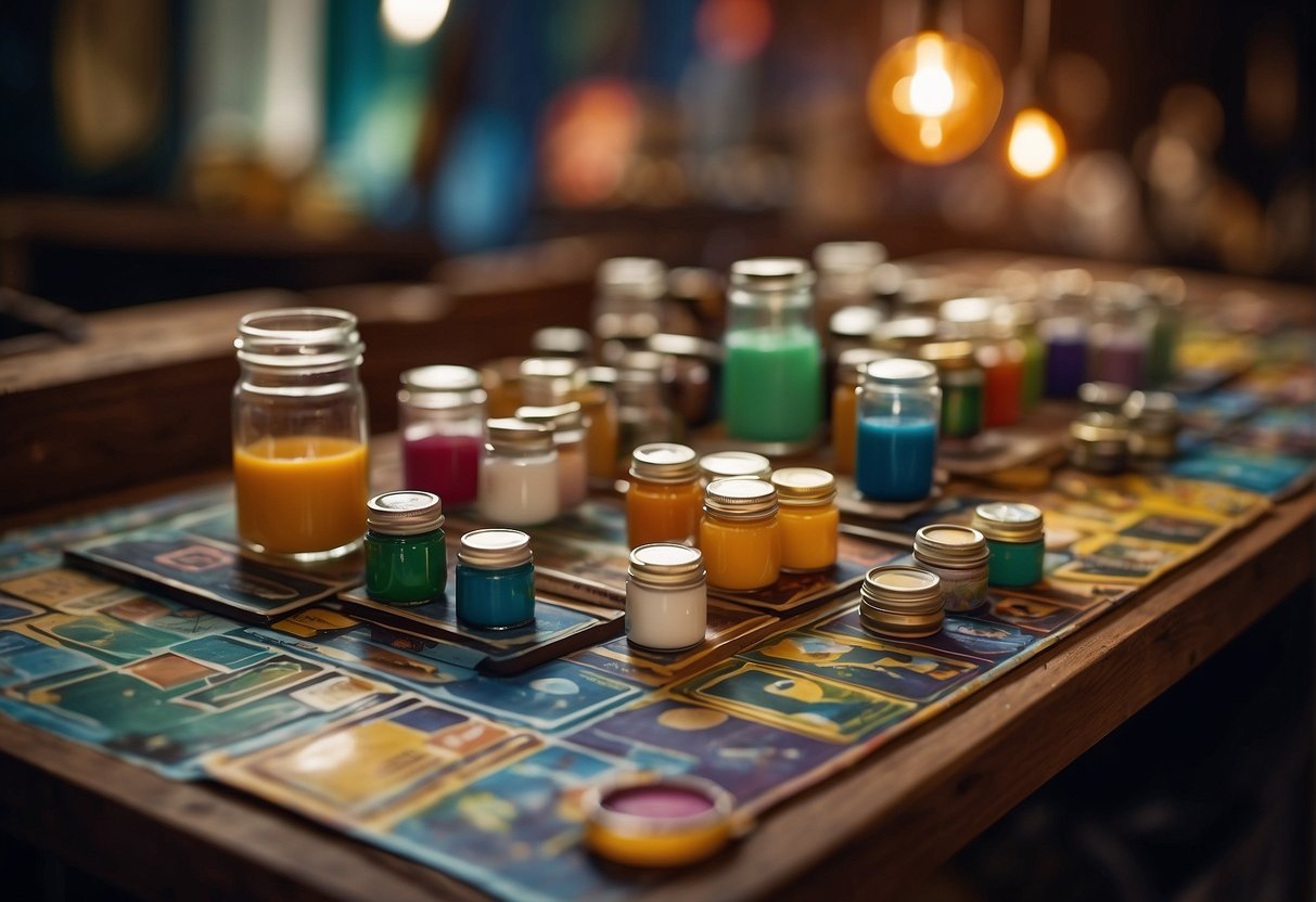 A table with various paint by number kits, ranging in complexity, displayed under bright lighting