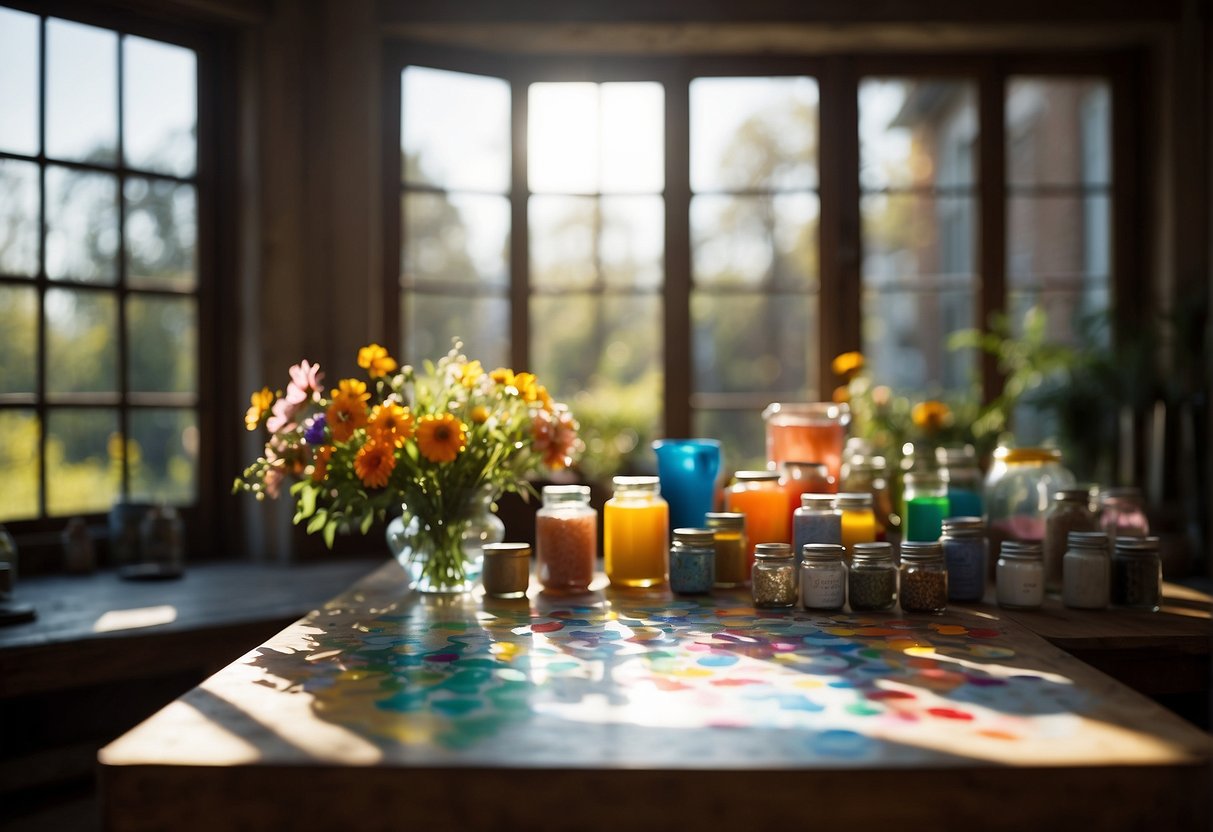 A table with various paint by number kits, ranging in complexity, next to a window with natural light streaming in