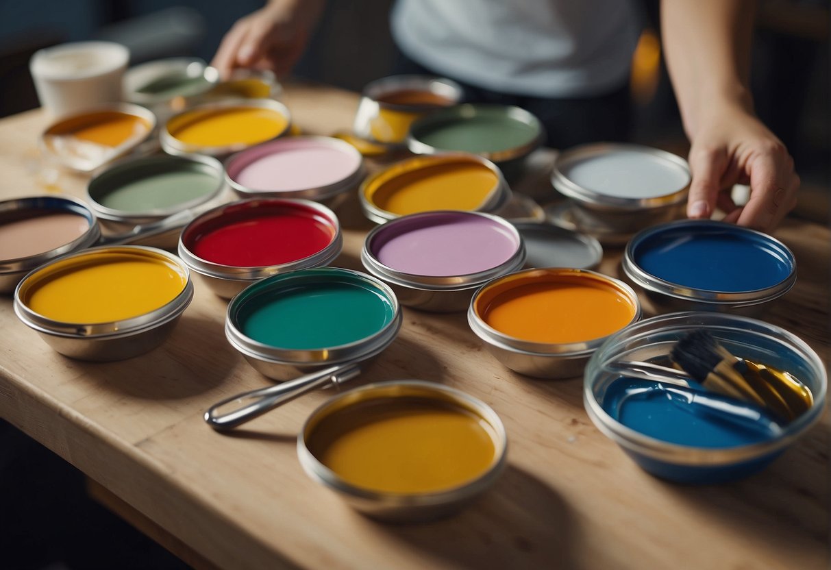 A table with various paint by number kits, each labeled with skill levels. A person comparing different kits, considering their own skill level