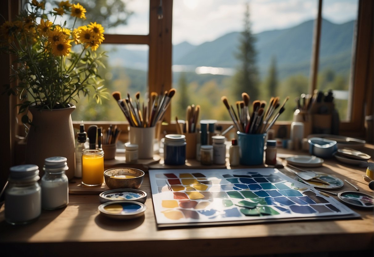 A table with paint by number kits, brushes, and paint organized neatly. Light from a window illuminates the workspace