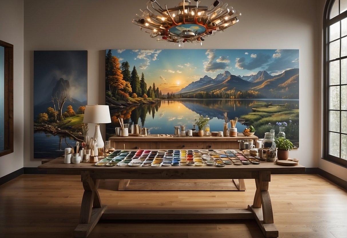 A table with various paint by number kits, ranging in complexity. Brushes, paint palettes, and a finished painting hang on the wall for reference