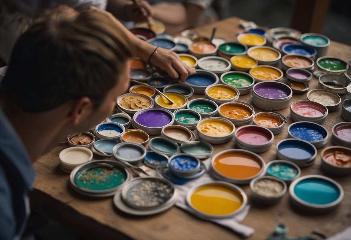 A table with various paint by number kits spread out, ranging from simple to advanced designs. A person carefully examines the options, considering their skill level and preferences