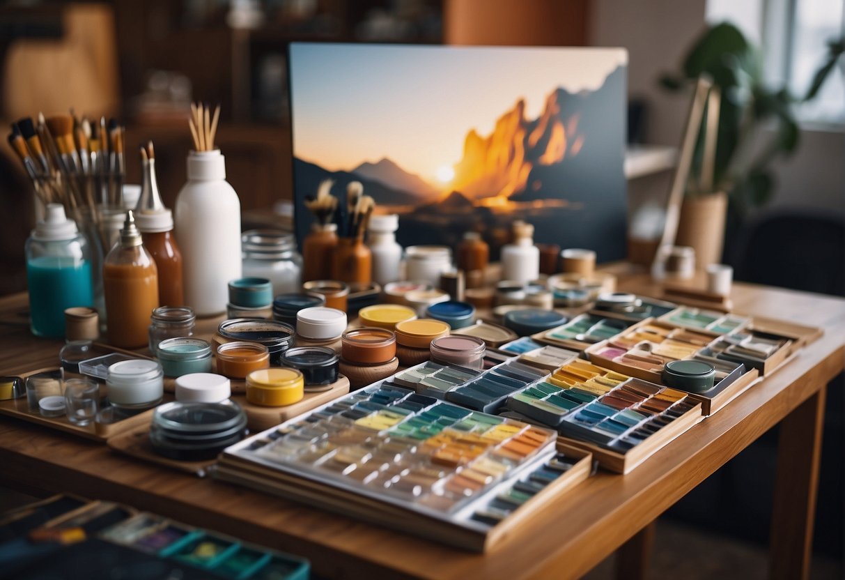 A table with various paint by number kits displayed, labeled for different skill levels. A person selecting a kit, surrounded by art supplies and reference materials