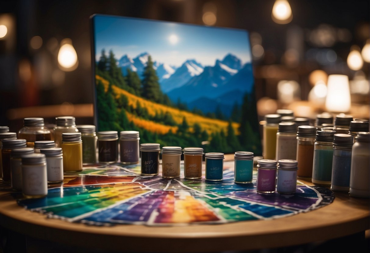 A table with various paint by number kits, ranging in complexity, displayed under bright lighting