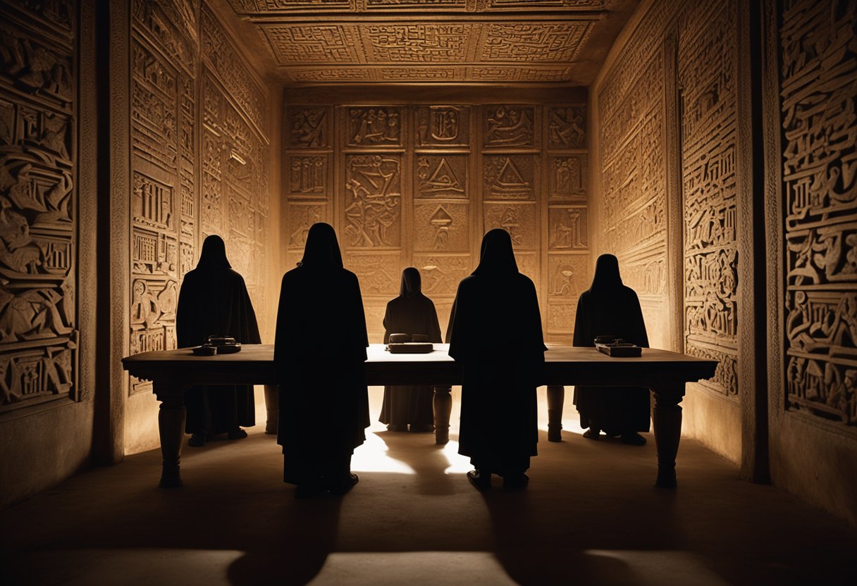 Secret Societies and Their Hidden Influence in European History: Unveiling the Shadows - A dimly lit chamber with ancient symbols carved into the walls, a group of cloaked figures gathered around a table, their faces obscured by shadow