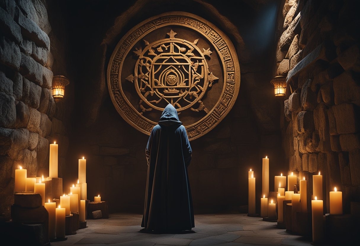 Secret Societies and Their Hidden Influence in European History: Unveiling the Shadows - A dimly lit chamber with ancient symbols carved into stone walls, a hooded figure standing before a flickering candle, surrounded by mysterious artifacts