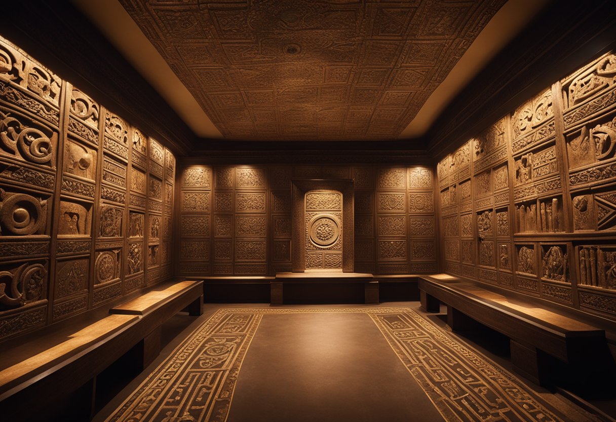 Secret Societies and Their Hidden Influence in European History: Unveiling the Shadows - A dimly lit chamber with ancient symbols carved into the walls, depicting the evolution and expansion of secret societies in European history