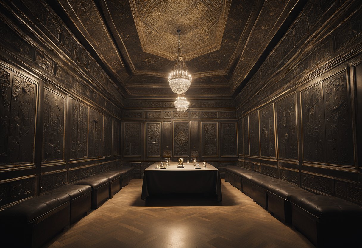 Secret Societies and Their Hidden Influence in European History: Unveiling the Shadows - A dimly lit chamber with ornate symbols etched into the walls, a group of cloaked figures gathered around a table, exchanging secretive whispers