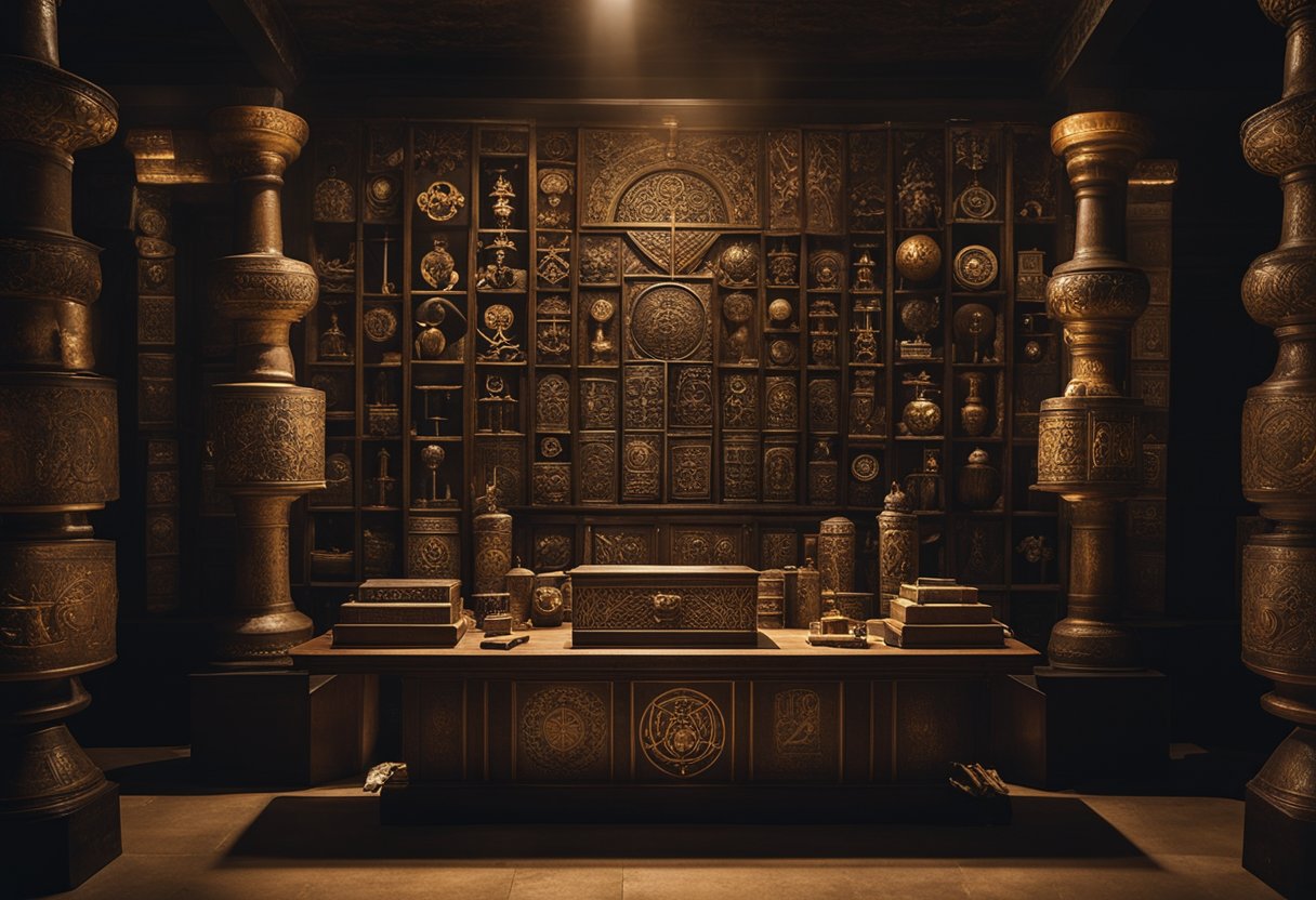 Secret Societies and Their Hidden Influence in European History: Unveiling the Shadows - A dimly lit chamber adorned with ancient symbols and artifacts, shrouded in secrecy and mystery, hinting at the hidden influence of secret societies in European history