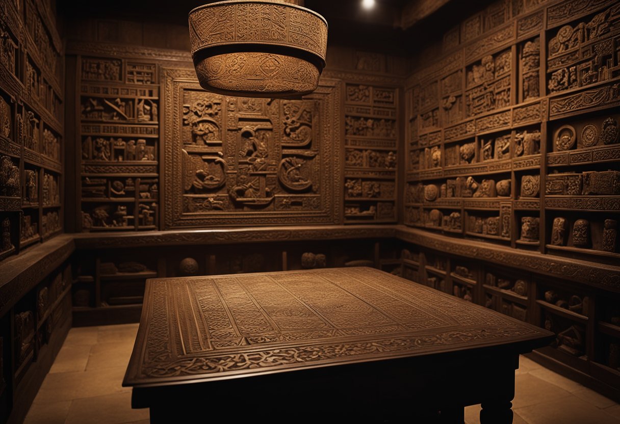 Secret Societies and Their Hidden Influence in European History: Unveiling the Shadows - A dimly lit chamber with ancient symbols carved into the walls, a table covered in mysterious artifacts, and hooded figures gathered in secret