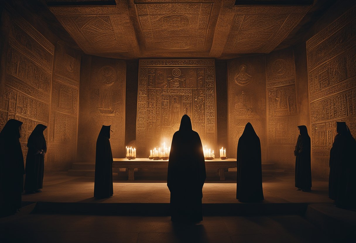 Secret Societies and Their Hidden Influence in European History: Unveiling the Shadows - A dimly lit chamber with ancient symbols etched into the walls, a group of cloaked figures gathered around a mysterious altar, their whispered chants filling the air with an aura of secrecy and power
