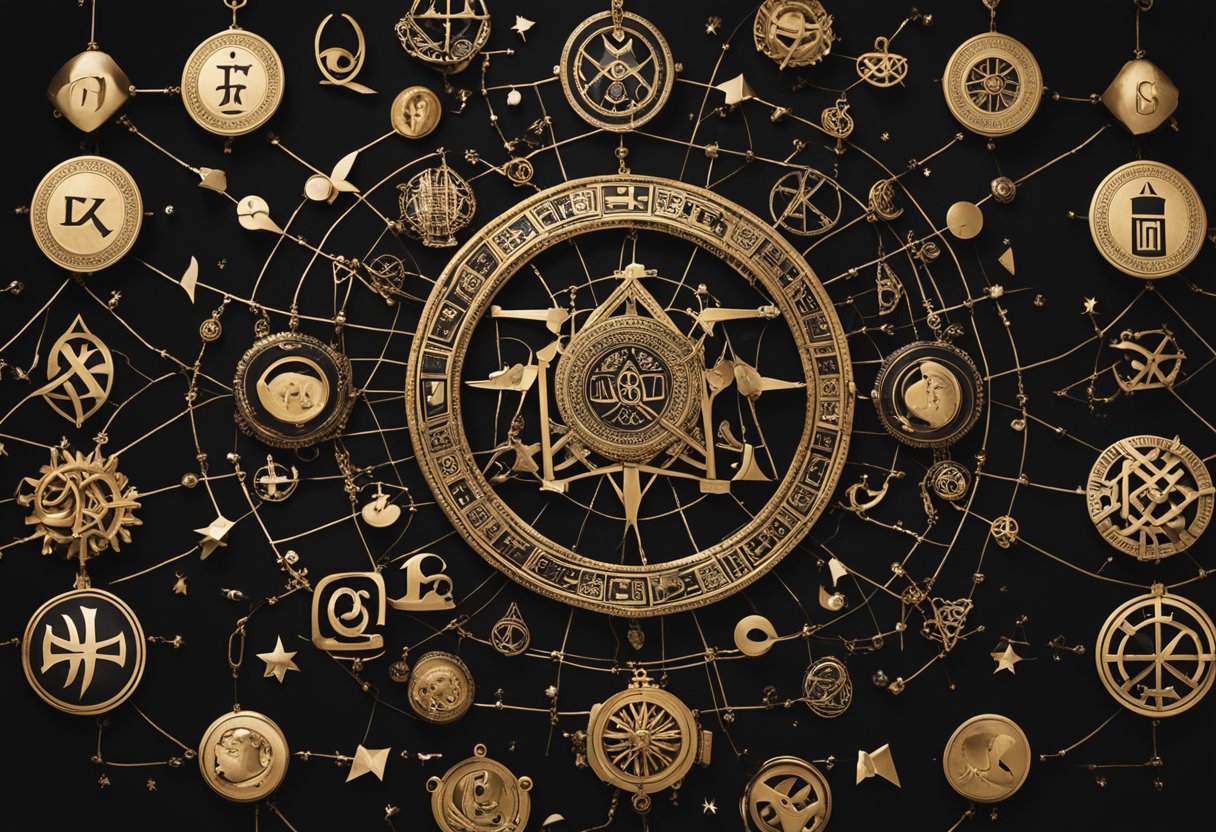 Secret Societies and Their Hidden Influence in European History: Unveiling the Shadows - A network of interconnected symbols and ancient artifacts, shrouded in mystery and intrigue, hinting at the hidden influence of secret societies in European history