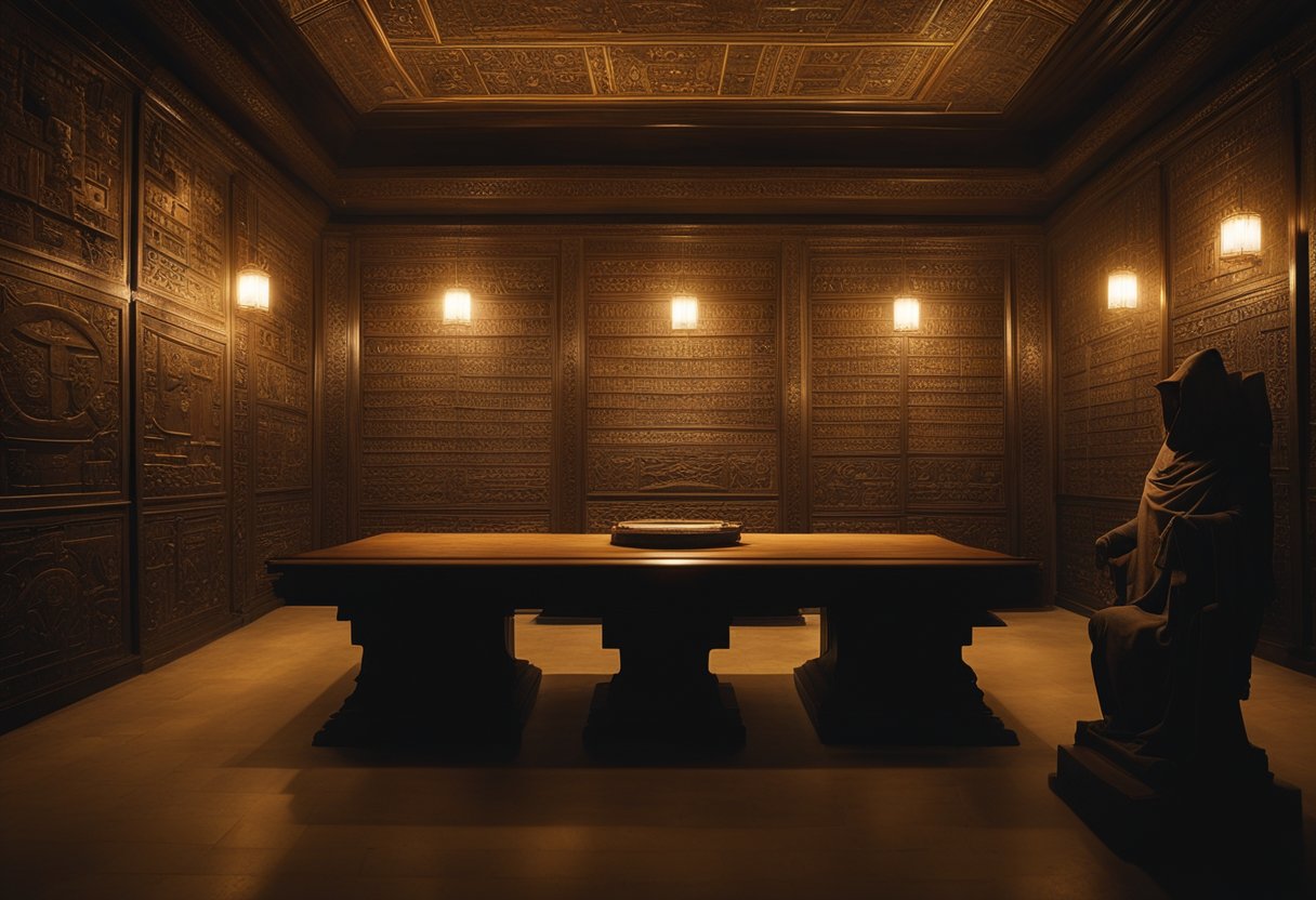 Secret Societies and Their Hidden Influence in European History: Unveiling the Shadows - A dimly lit chamber with ornate symbols etched into the walls, a table covered in ancient texts and artifacts, and hooded figures engaged in secretive discussions