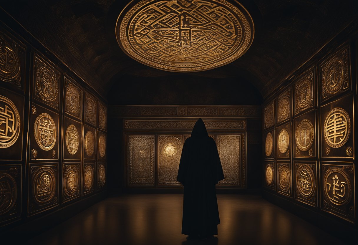 Secret Societies and Their Hidden Influence in European History: Unveiling the Shadows - A dimly lit chamber with ancient symbols carved into the walls, a hooded figure standing in the center surrounded by shadowy figures in ceremonial robes
