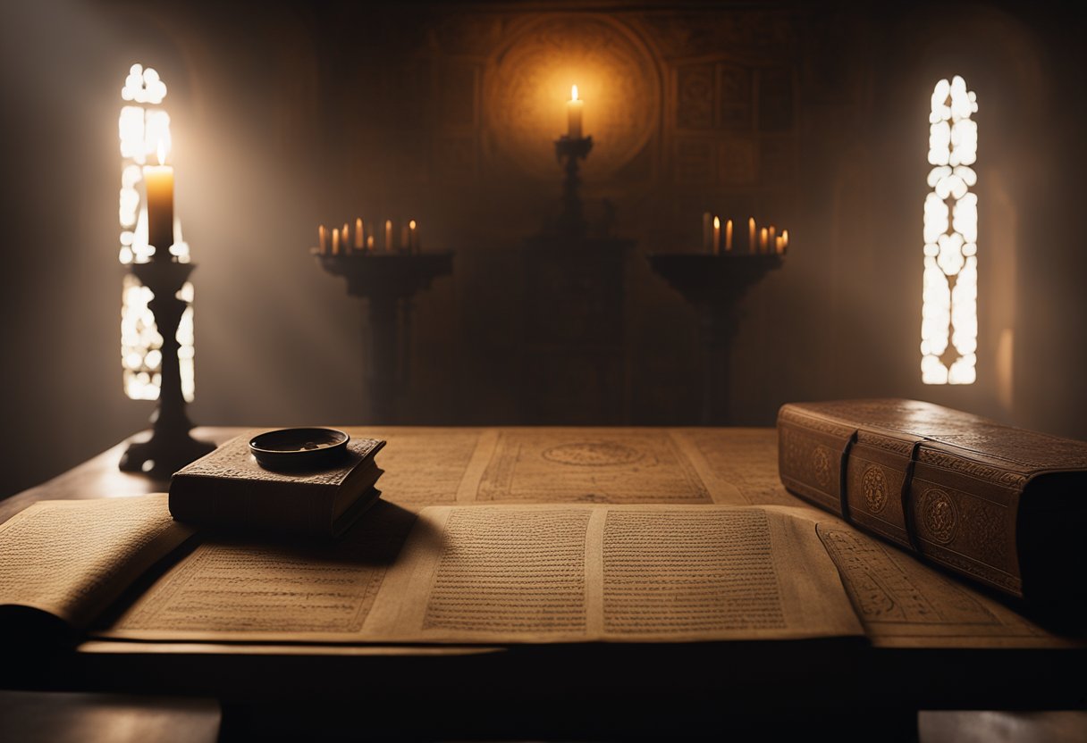 Secret Societies and Their Hidden Influence in European History: Unveiling the Shadows - A dimly lit room with ancient symbols etched into the walls, a table covered in dusty tomes, and a flickering candle casting eerie shadows