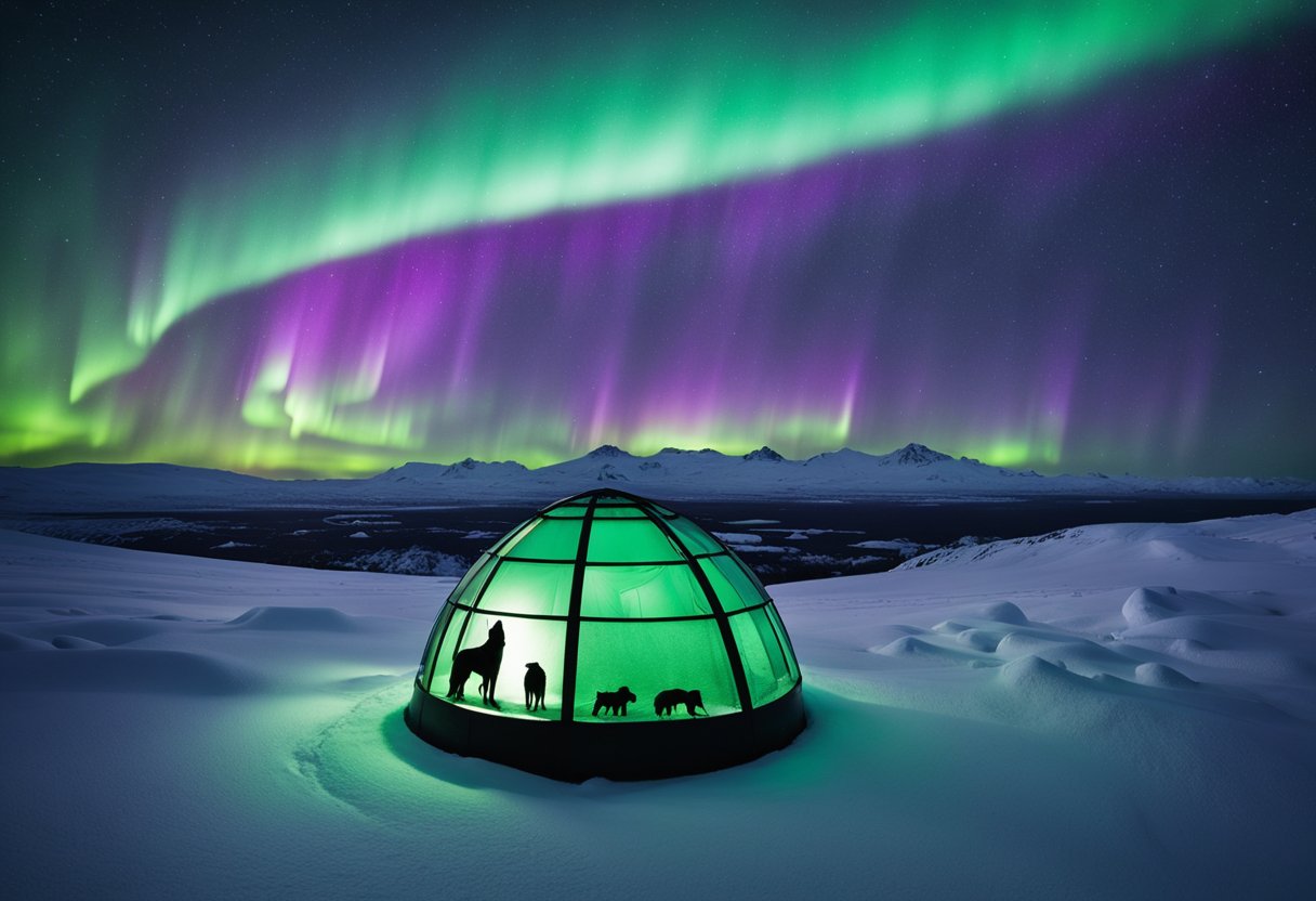 Under the Northern Lights: Discover Captivating Cultures and Traditions of the Arctic - Vast snowy landscape under swirling green and purple Northern Lights. Traditional Inuit igloos and sled dogs in foreground, with silhouettes of Arctic wildlife in the distance