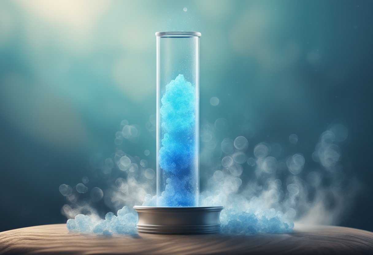 A bubbling test tube of ozonated magnesium emits a faint blue glow, surrounded by swirling vapors and crackling energy