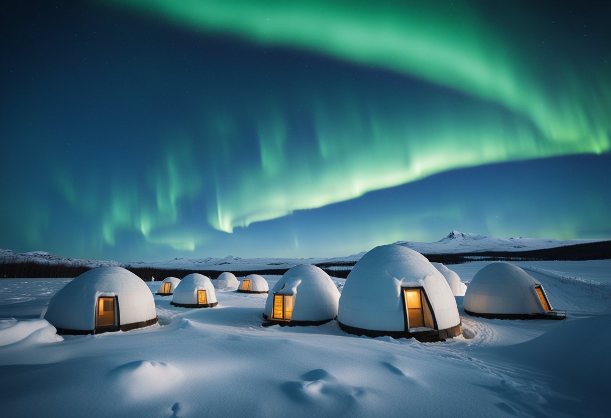 Under the Northern Lights: Discover Captivating Cultures and Traditions of the Arctic - A group of igloos nestled in a snowy landscape, surrounded by indigenous tools and animal hides, under the dancing Northern Lights