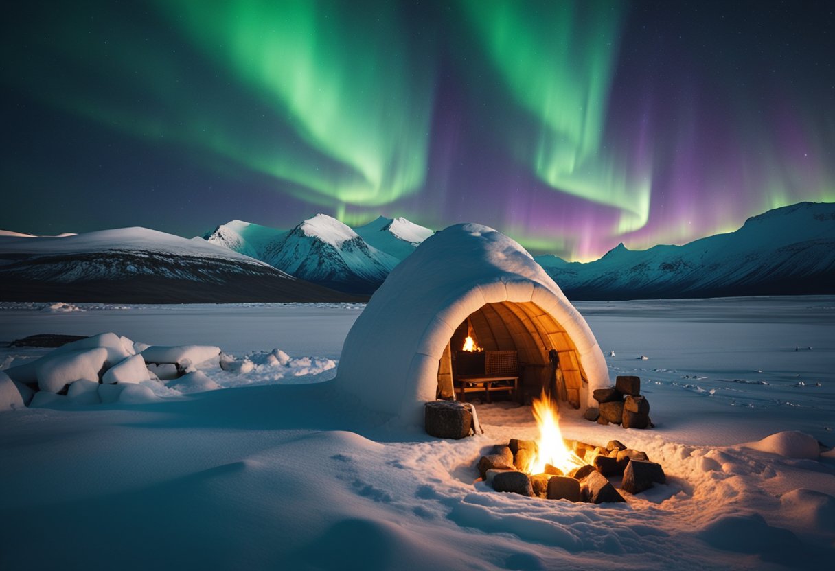 Under the Northern Lights: Discover Captivating Cultures and Traditions of the Arctic - A traditional Inuit igloo sits under the vibrant Northern Lights, surrounded by snow-covered tundra and ice-capped mountains. A polar bear and fox roam nearby, while a group of indigenous people gather around a flickering campfire, sharing stories and