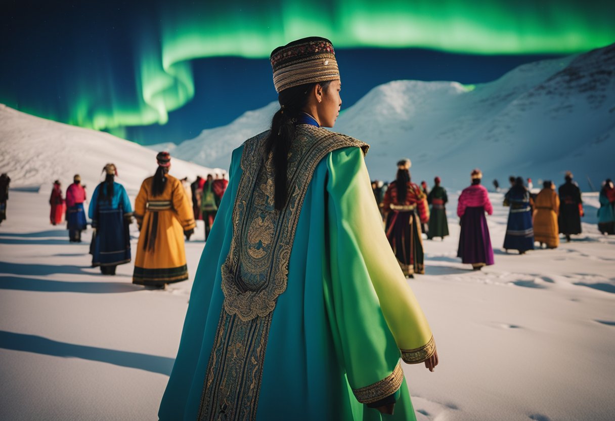 Under the Northern Lights: Discover Captivating Cultures and Traditions of the Arctic - Vibrant colors of traditional clothing and ceremonial objects illuminate the snowy landscape beneath the dancing Northern Lights