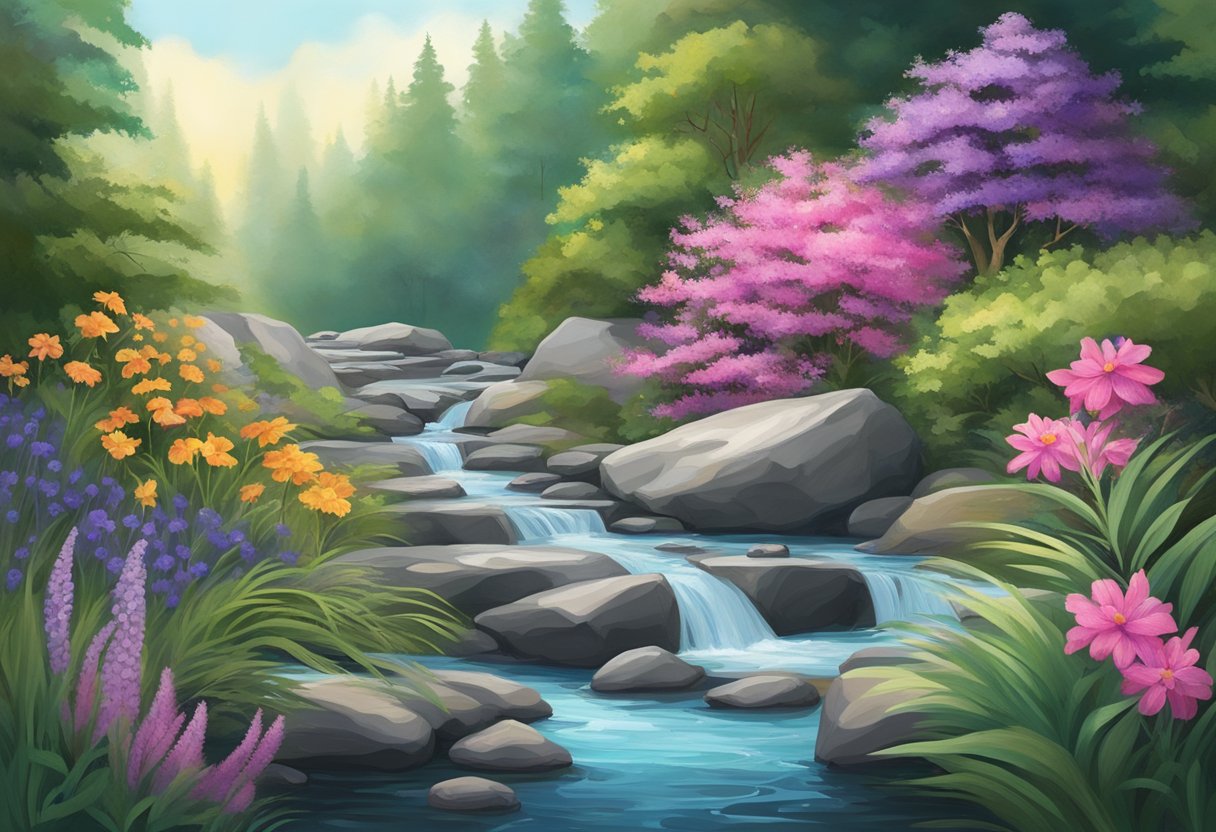 A serene forest with a flowing stream, surrounded by lush greenery and vibrant flowers, with a bottle of ozonated magnesium placed on a natural rock formation, exuding a sense of healing and tranquility